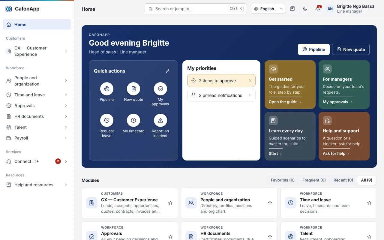 CafonApp screen : A home for every role (fictitious data)