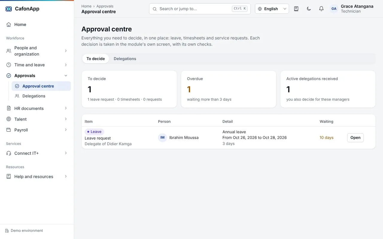 CafonApp screen : One approval centre (fictitious data)