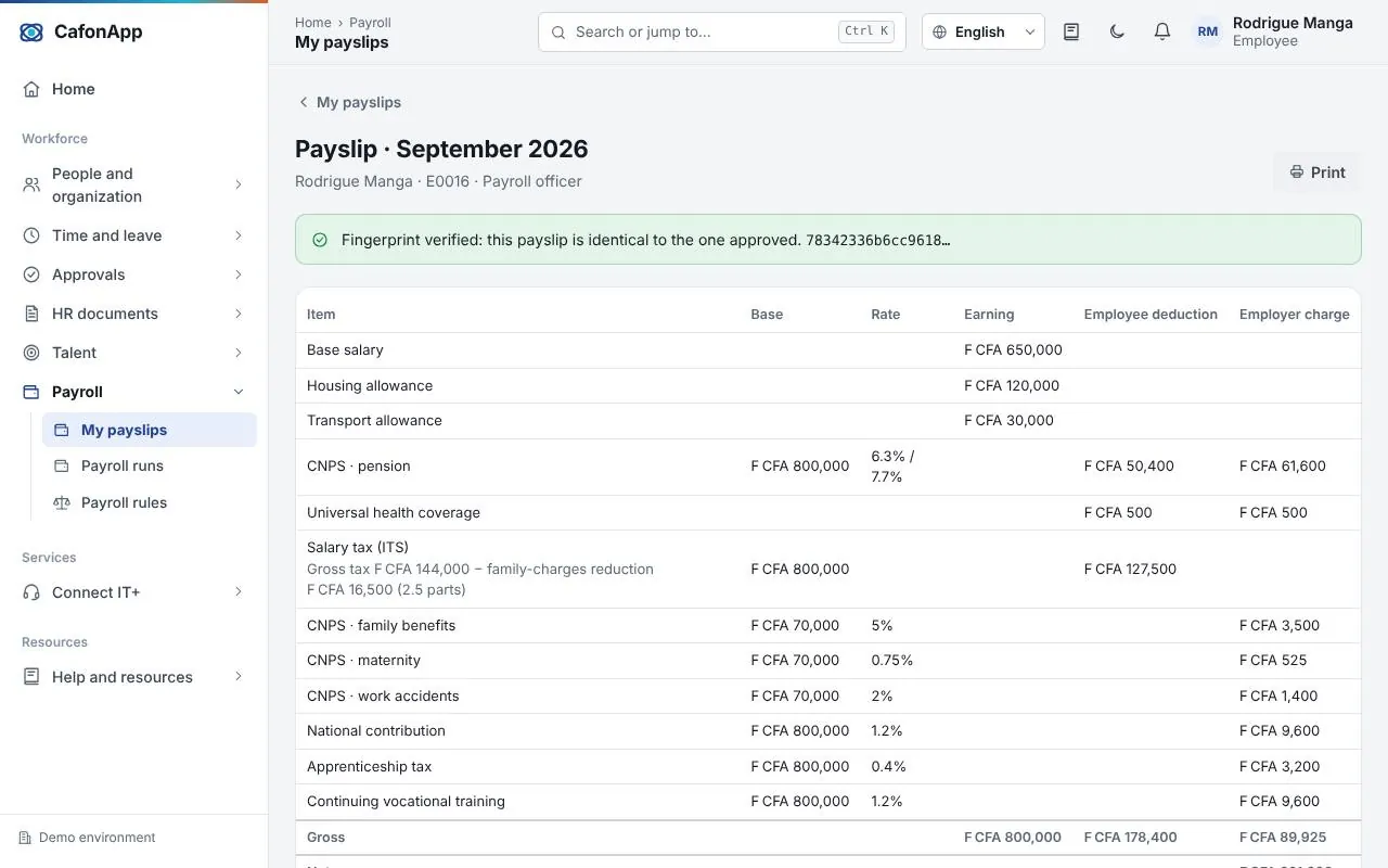CafonApp screen : Verifiable payroll (fictitious data)